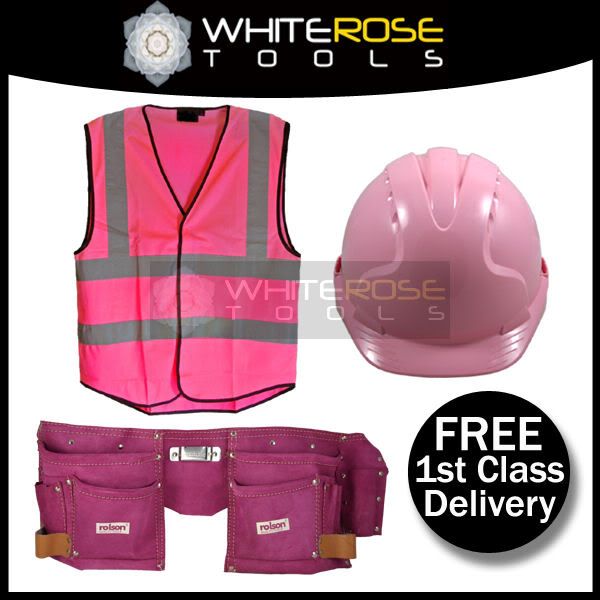 New Womens Pink Builders Fancy Dress HiViz Vest Hard Hat Tool Belt Hen